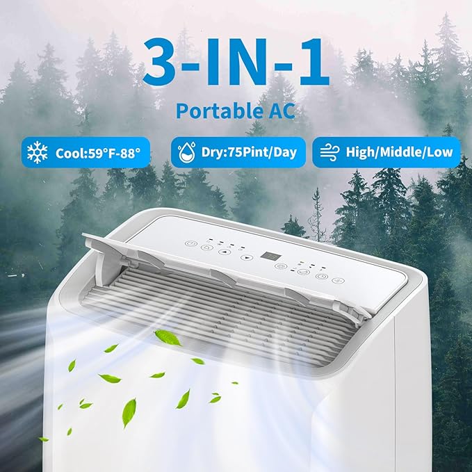 14K BTU Portable Air Conditioners, Cools up to 750 Sq. Ft 3-in-1 Movable AC for Room with Dehumidifier Fan Sleep Mode, 24H Timer, Remote Control, and Window Installation Kit Included - Image 2
