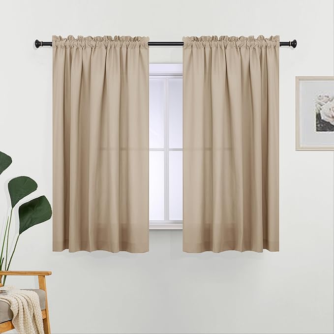 L.Z.E Non-See-Through Privacy Curtains 63 Inch Length 2 Panels Set, Beige Light Filtering Semi Sheer Curtains for Living Room Bedroom Nursery, Rod Pocket Short Window Panels (55" W x 63" L) by LZE
