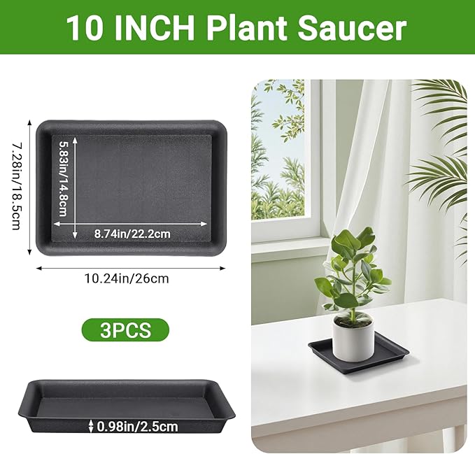 GREANER 10 Inch Plastic Plant Tray Saucer Rectangular, Black Heavy Duty Plant Trays No Holes, Humidity Trays for Indoor Outdoor Plants(3 Packs) - Image 2