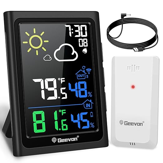 Geevon Indoor Outdoor Thermometer Wireless Weather Station with Color Display, Digital Hygrometer Temperature Humidity Monitor with Alarm Clock and Backlight by GEEVON