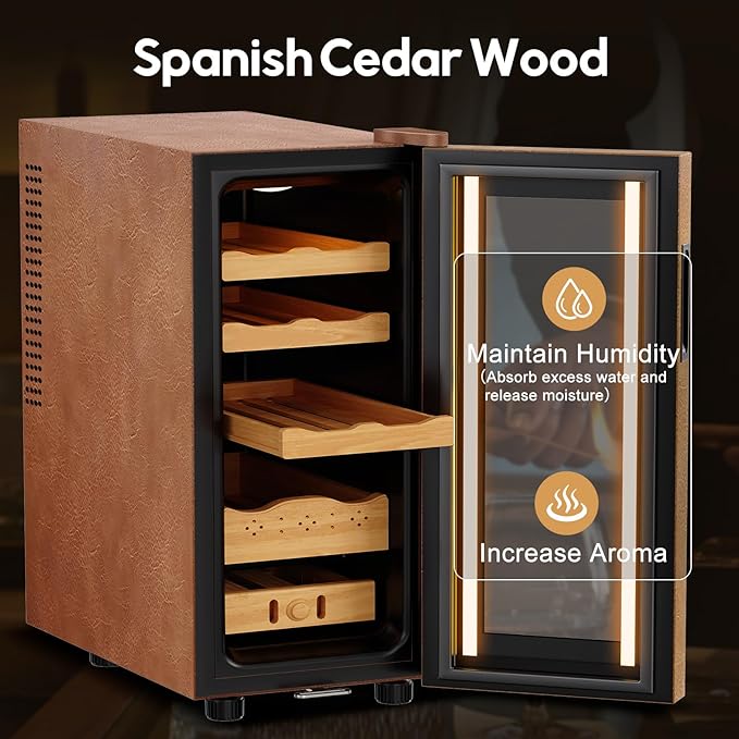 Electric Cooler Cabinet 35L with Temperature and Humidity Control, Leather Finish, Spanish Cedar Wood Shelves and Safety Lock (300 Counts Capacity), Gift for Men - Image 6