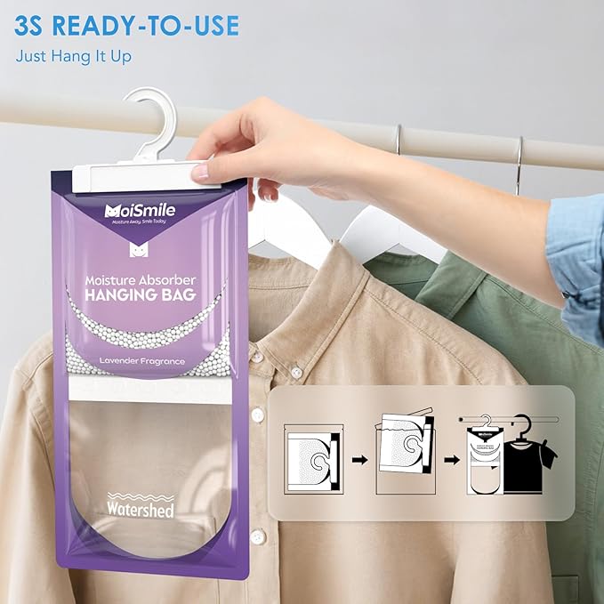 Moisture Absorbers 20 Pack Lavender Fragrance, Hanging Closet Dehumidifier Bags, Humidity Absorber, Compact Eliminates Odors Humidity Packs for Car, Bathroom, Bedroom, Basement, 9.8OZ - Image 7