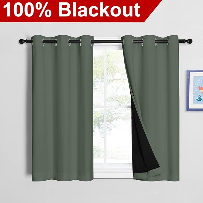 NICETOWN Dark Mallard 100% Blackout Curtains 45 inches Long, 2 Thick Layers Completely Blackout Window Treatment Thermal Insulated Lined Drapes for Small Window (1 Pair, 42 inches Width Each Panel) - Image 2