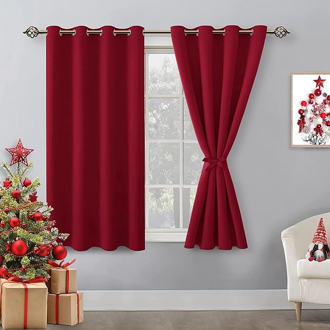 Hiasan Blackout Curtains for Bedroom - Thermal Insulated & Light Blocking Window Curtains for Living Room/Kids Room, 2 Drape Panels Sewn with Tiebacks, Christmas Red, 52 x 45 Inch by Hiasan