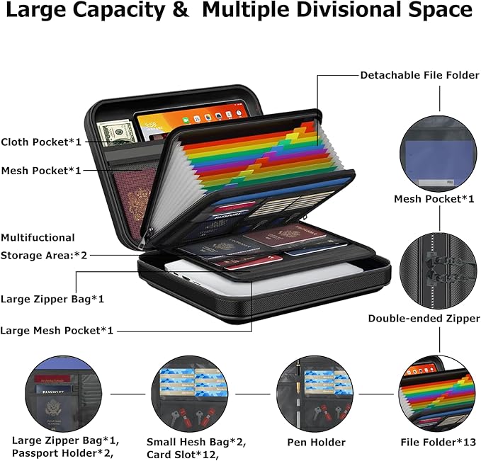 Fireproof Document Box with Lock & Shoulder Strap - Waterproof Hard-Shell File Organizer with Pocket Accordion File Folder, Portable Fireproof Box Safe Storage for Important Documents, Laptop - Image 5