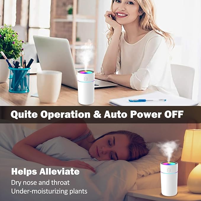 Portable Mini Humidifier with 7-color Lights, Cool Mist Small Desk Humidifiers Car Humidifier [2 Mist Modes] USB Personal Desktop Humidifiers for Bedroom, Office, Travel, Car, Plants, Super Quiet - Image 2
