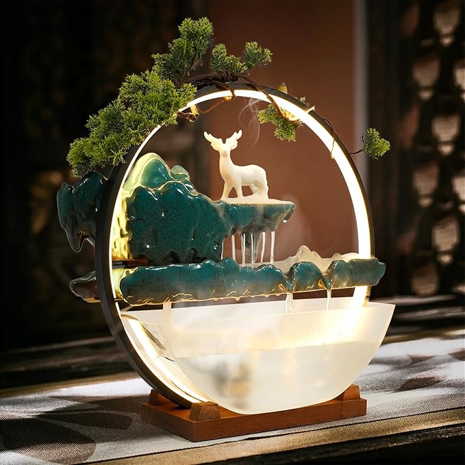 Tabletop Decoration Water Fountains Indoor Waterfall Fountains Humidifie with LED Light and Atomizer, Japanese Zen Decor for Meditation Fake Plants Bonsai Gift Feng Shui Decor - Image 2