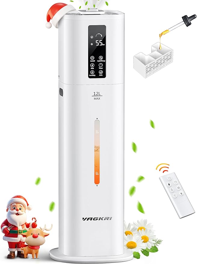 VAGKRI 12L Humidifiers for Large Room, Last 120 Hours, Cover up to 1000ft², Top Fill Ultrasonic Cool Mist Humidifier, 3 Mist Level, 24H Timer, Essential Oil Diffuser Humidifiers For Bedroom, Home by VAGKRI