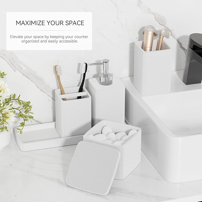 White Bathroom Accessories Set 5 Pieces, Resin Toothbrush Holders Set Complete with Soap Dispenser, Toothbrush Holder, Vanity Tray, Bathroom Tumbler and Qtip Holder for Small Spaces - Image 2