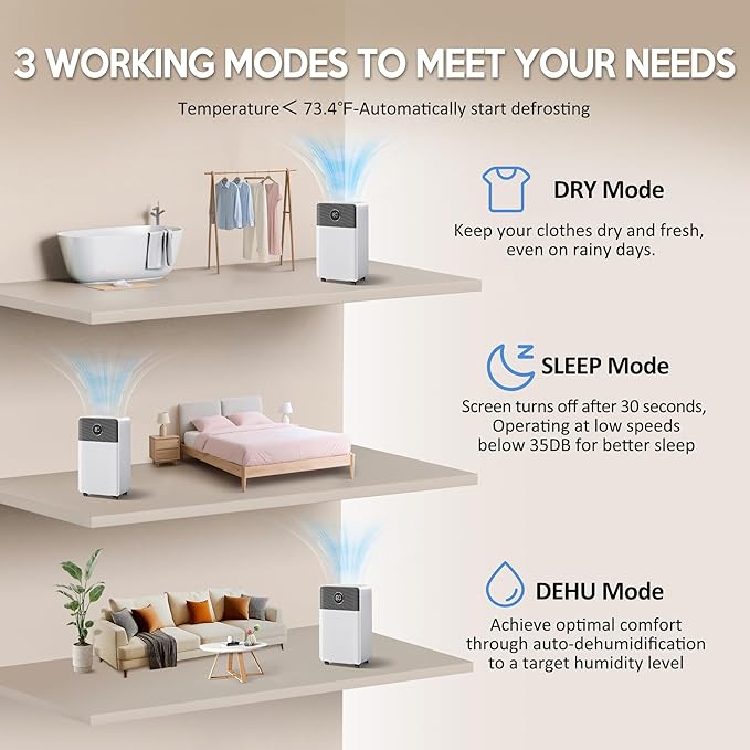 2500 Sq.Ft Dehumidifiers with Drain Hose, Max 42 Pints, Intelligent Humidity Control, 24H Timer, 3 Modes, Child Lock, Auto Defrost, Ideal for RV, Bathroom, Bedroom - Image 5