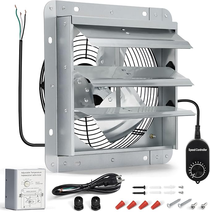 7 Inch Shutter Exhaust Fan, Wall Mount Attic Fan with Thermostat and Speed Controller for Greenhouses, Sheds, Garages, Chicken Coops, Barns Ventilation, 760 CFM by Hipoilk