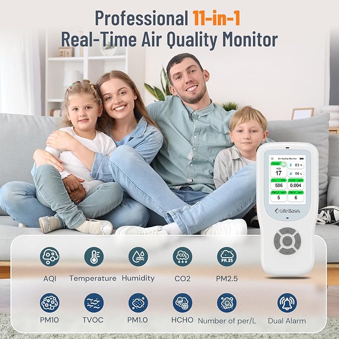 LifeBasis Air Quality Monitor Indoor, 10-in-1 Air Quality Detector with Stand, Real-Time Air Meter Test AQI, PM1.0, PM2.5, PM10, CO2, TVOC, HCHO, Particles, Temperature and Humidity with Alert -White - Image 2