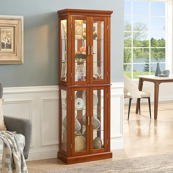 Lighted Wooden Display Curio Cabinet,Cabinet with Tempered Glass Door & 6 Shelves,Vintage 3 Side Glass,E26 Light Bulb Unincluded - Image 10