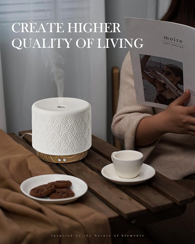 Essential Oil Diffuser, 280ml Ceramic Aromatherapy Diffuser for Large Room, 2.4MHz Ultrasonic Cool Mist Diffuser Oil Machine, Quiet & Intelligent Aroma Diffuser for Home Office SPA Yoga - Image 2