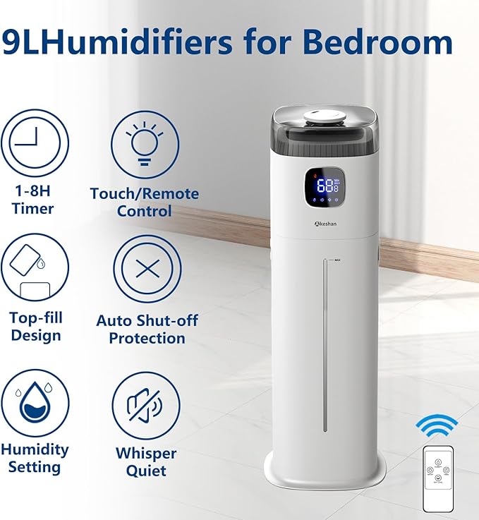 Large Humidifier for Bedroom, 9L/2.5Gal Ultrasonic Cool Mist, Easy Clean with 350ML/H Large Mist Speed, Remote control, Quiet Tower, Suitable for Kids Room Plant Yoga - Image 2