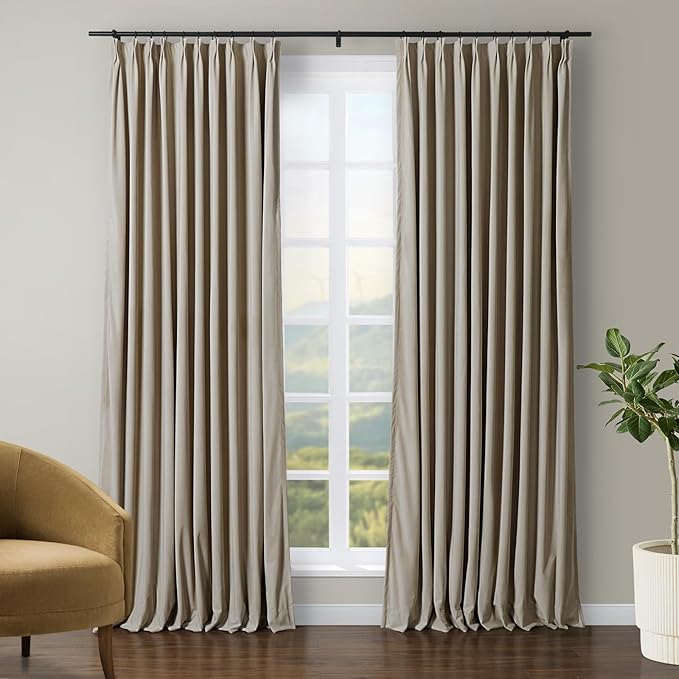TWOPAGES Luxury Velvet Curtain Pinch Pleated Light Khaki Curtain 96 inch Long Thermal Insulated Blackout Drapes for Bedroom Living Room Indoor Window (1 Panel,Light Khaki,40Wx96L) by TWOPAGES