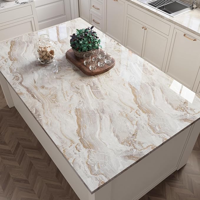 CRE8TIVE 36"x118" Wide Beige Gold Marble Contact Paper for Kitchen Countertop Peel and Stick Marble Wallpaper Removable Adhesive Waterproof Glossy Liquid Marble Vinyl Paper for Bathroom Cabinets Walls - Image 2