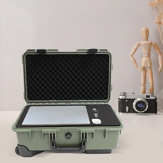22" Weatherproof Hard Case Rolling Waterproof Case Dry Box with Foam Protective Cases Shockproof Hard Travel Cases For Cameras Lenses Electronic Equipment (Green) - Image 5