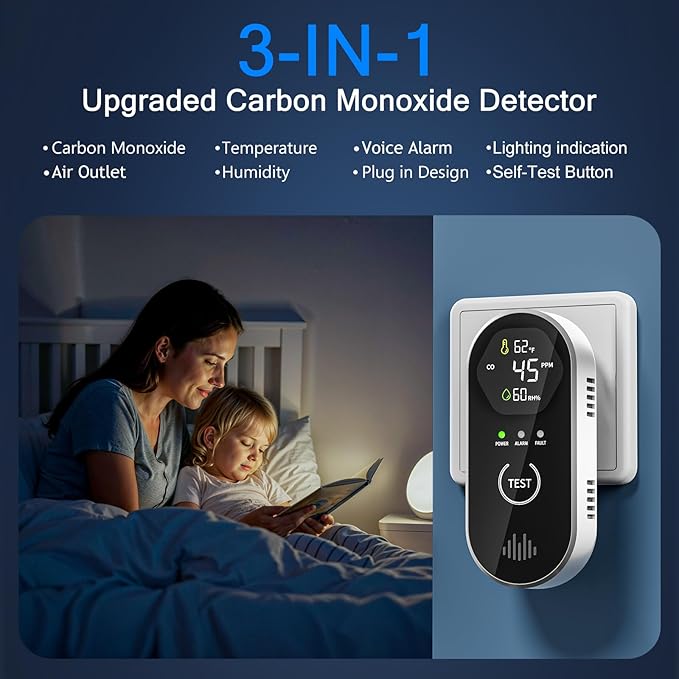 3-in-1 Carbon Monoxide Detectors with Temp & Humid, Plug in, 85dB Audible & Visual CO Alarm, LCD Digital Display, Easy to Install,Test Button, Portable for Bedroom/Office/Camper, Gives Peace of Mind - Image 2