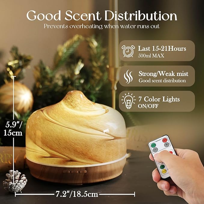 Porseme 500ml Essential Oil Diffuser, Aroma Ultrasonic Humidifier with Remote Control, BPA Free, Auto Shut-Off, Timer Setting for Large Room Sleeping Yoga - Image 3