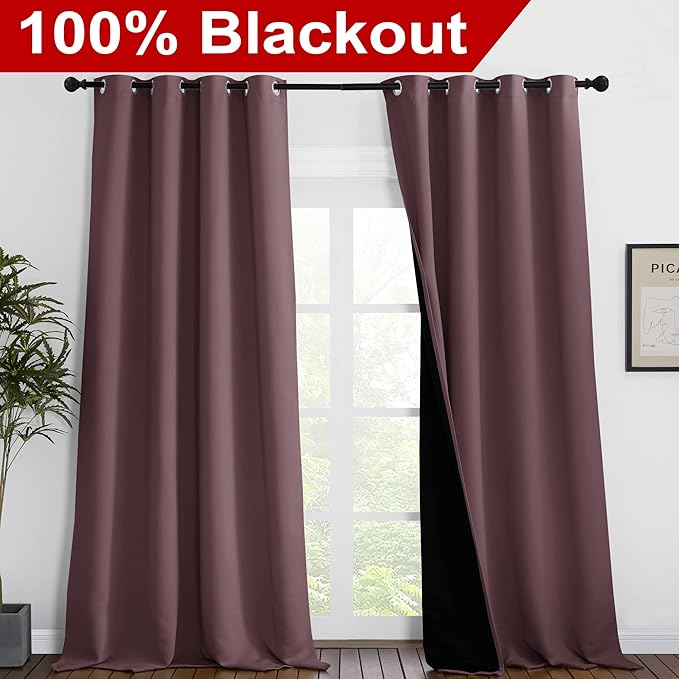 NICETOWN Room Warming Thermal Insulated 100% Blackout Curtains, Sound Proof Drapes with Black Backing, Full Light Blocking Panels for Patio Sliding Door (Dry Rose, 1 Pair, 55 inches x 102 inches) - Image 2