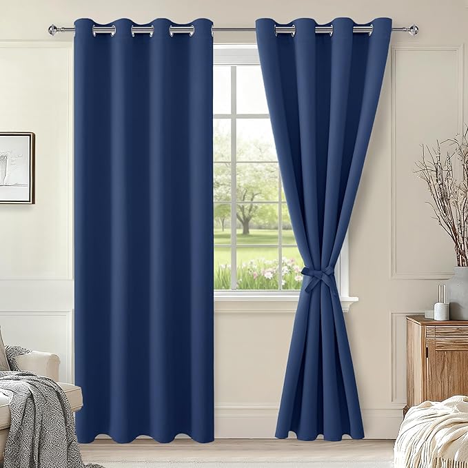 Hiasan Blackout Curtains for Bedroom, 52 x 84 Inches Long - Thermal Insulated & Energy Saving Window Curtains for Living Room, 2 Drape Panels Sewn with Tiebacks, Navy by Hiasan