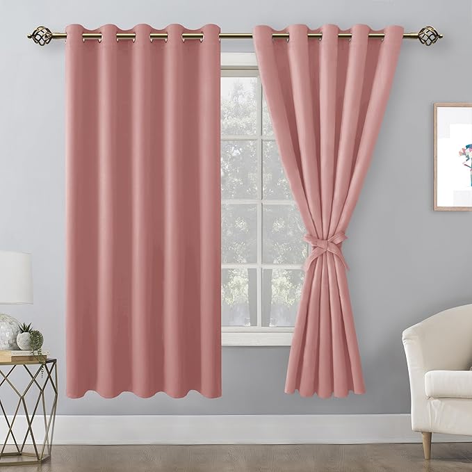 Hiasan Room Darkening Curtains for Bedroom, 60 x 72 Inches - Thermal Insulated & Energy Saving Window Drapes for Living Room/Dorm Room, Set of 2 Panels Sewn with Tiebacks, Dusty Rose - Image 2
