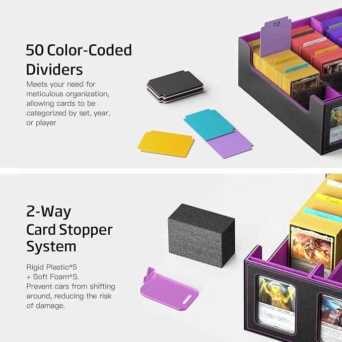 Trading Card Storage Box 5-Row 3900+ Capacity,TCG MTG Card Case with Magnetic Lid & Commander Display,Top Loader Storage for Sports Cards,Includes Dividers Dice Box（Black Purple） - Image 4