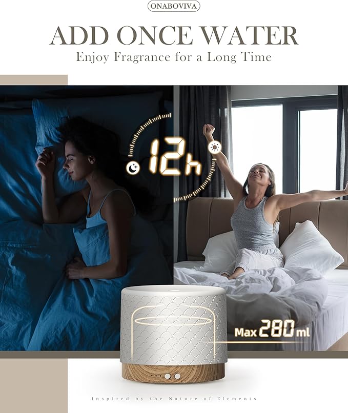 Essential Oil Diffuser, 280ml Ceramic Diffusers for Large Room, Ultrasonic Aromatherapy Diffuser with Cool Mist Humidifier, Quiet and Intelligent Oil Diffusers for Home,Office,Yoga,Bathroom - Image 3