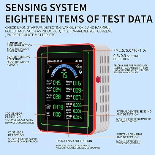 18 in 1 Air Quality Tester for Home, Indoor Air Quality Monitor, with Air Quality Index, CO2, HCHO, TVOC, PM5.0, PM0.3, PM1.0, PM2.5, PM10 etc, Support Data Storage and - Image 6