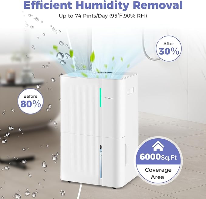 COSTWAY 74 Pints Dehumidifier for Basement, 6000 Sq.Ft Dehumidifier with 24H Timer, 3-Color Indicator, 1.2 Gallon Water Tank, Drain Hose & Wheels for Bathroom, Bedroom - Image 8