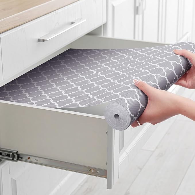 Glotoch Shelf Liners for Kitchen Cabinets 17.5x360 Inch Non Adhesive Drawer Liners for Kitchen,Non Slip Shelf Liner Waterproof Contact Paper for Cabinets and Drawers, Pantry, EVA Wire Shelf Liner,Gray by GlotochExpress