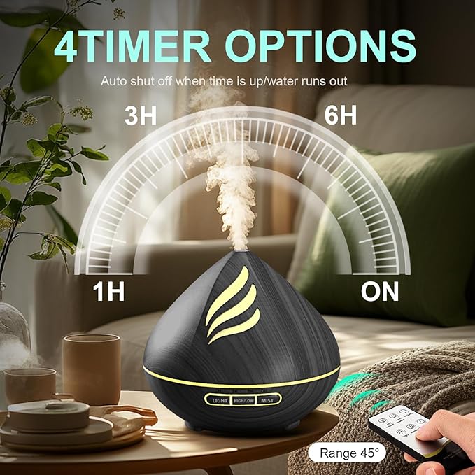 Essential Oil Scent Diffuser: 500ML Aroma Diffuser with Remote Control, Large Fragrance Aromatherapy Diffuser for Bedroom Home, Mist Humidifier with 14 Colors LED Lights and waterless Auto-Off, Black - Image 4