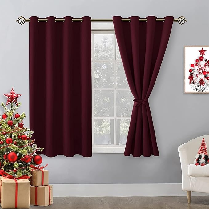 Hiasan Blackout Curtains for Bedroom - Thermal Insulated & Light Blocking Window Curtains for Living Room/Kids Room Christmas Decor, 2 Drape Panels Sewn with Tiebacks, Burgundy, 52 x 45 Inch by Hiasan