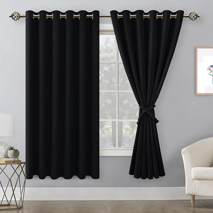 Hiasan Grommet Blackout Curtains for Bedroom, 70 x 63 Inches - Thermal Insulated & Noise reducing Window Drapes for Living Room/Dorm Room, Set of 2 Panels Sewn with Tiebacks, Black - Image 2