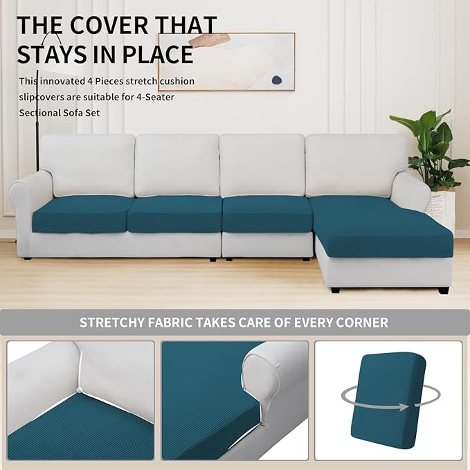 Easy-Going Stretch 4 Pieces Couch Cushion Covers for Sectional Sofa Left/Right L Shape Chaise Lounge Sofa Seat slipcover Anti-Slip Sofa Cover Soft (3 Seater + 1 Chaise, Peacock Blue) - Image 5
