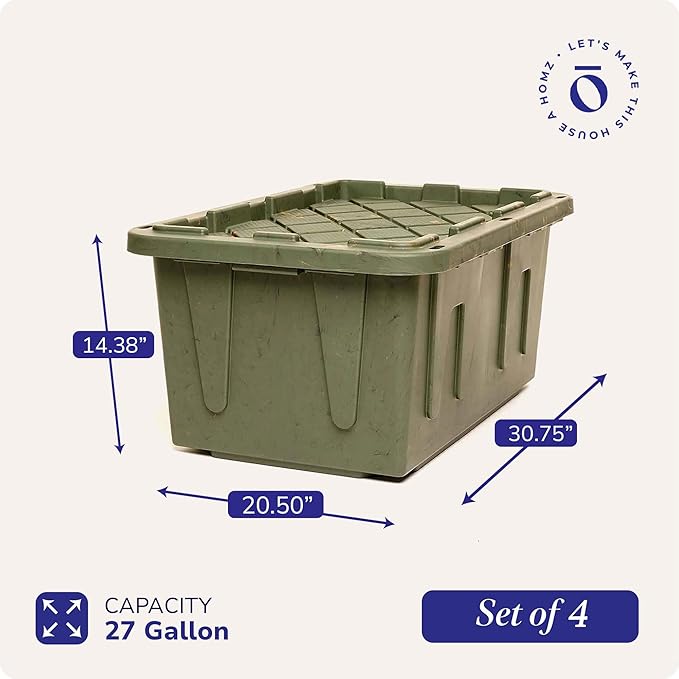 HOMZ 4-Pack Durabilt Tote, Heavy Duty Plastic Storage Bins with Lids, 27 Gallon, Green Camo - Stackable Organizing Containers for Home, Garage, and Office - Image 4
