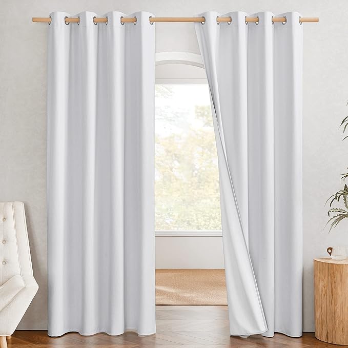 NICETOWN 100% Absolutely Blackout Linen Curtains with Thermal Insulated White Liner, White, 52" Wide, Long Curtains 80" Long 2 Panels Set for Living Room, Thermal Insulated Privacy Drapes for Bedroom by NICETOWN
