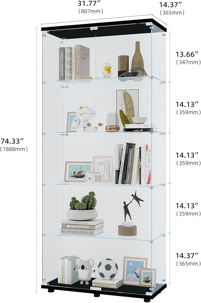 Yoluckea 5 Shelves Glass Display Cabinet with 2 Doors, Curio Collection Glass Display Case for Home Office, Floor Standing Bookshelf Corner Cabinet for Book Toys Glory (Black) - Image 2
