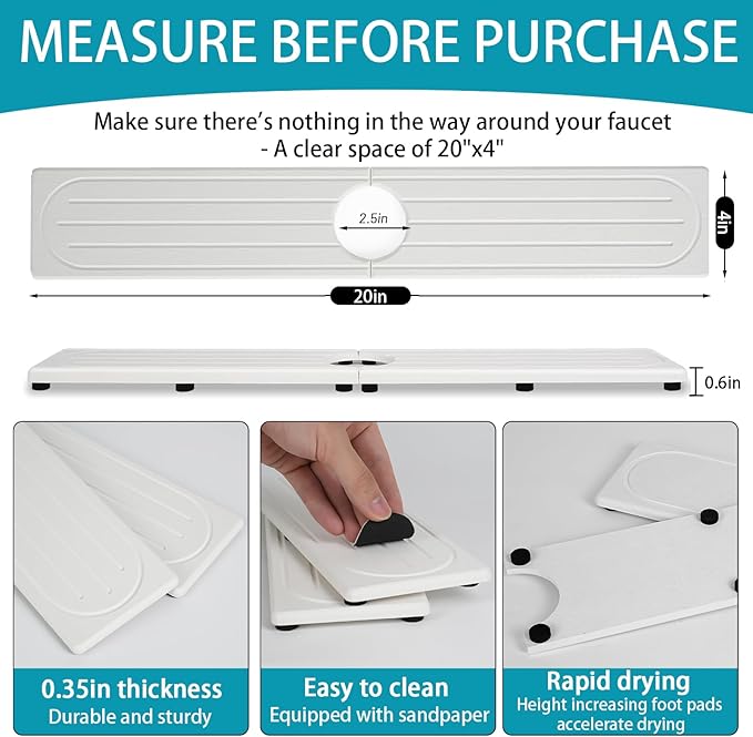 Fast Drying Stone Faucet Mat for Kitchen Sink with Raised Feet, Water Absorbent Diatomite Stone Sink Tray, Faucet Sink Splash Guard, Prevents Moisture Buildup, Durable Protector for Bathroom Counter - Image 7