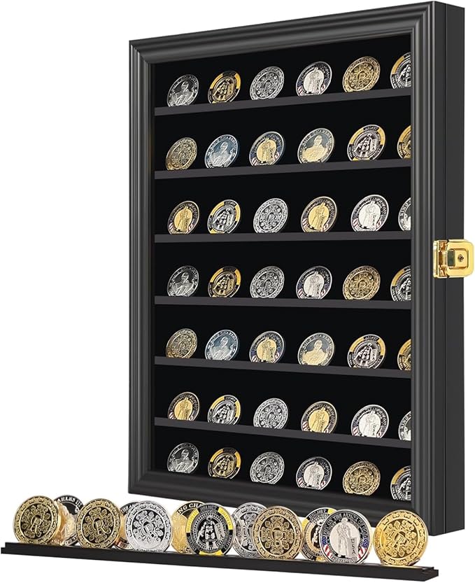 Jinchuan Military Challenge Coin Display Case Lockable Cabinet Rack Holder Shadow Box with Removable 2 Grooves Shelves and Anti Dust Door for Casino Poker Chips Collectibles, Large - Black 1 Pack by Jinchuan