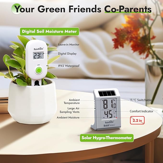 RAINPOINT Light-Driven Thermo-Hygrometer & Smart Digital Wireless Soil Moisture Meter (WiFi Hub Needed) Kit, Real-time Monitor Sensor Gardening Plant Care Essentials - Image 5