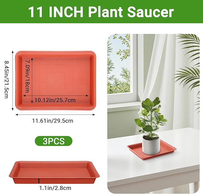 GREANER 11 Inch Red Plant Saucer, 3 Packs Plastic Plant Trays for Pots, Plant Water Catcher Tray for Indoors Outdoor, Flower Planter - Image 2
