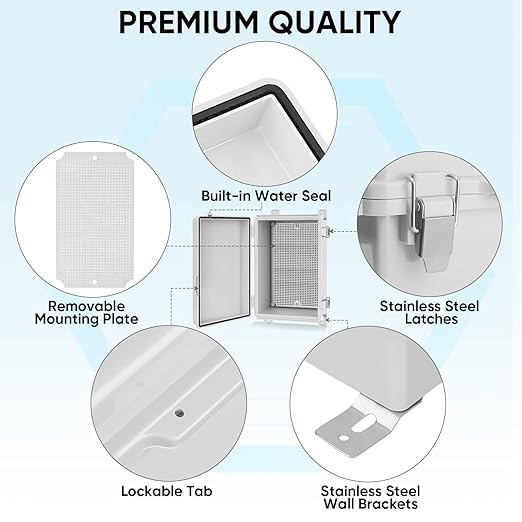 TICONN Outdoor Electrical Box Waterproof, Junction Box IP67 ABS Plastic Enclosure with Hinged Cover with Mounting Plate, Wall Brackets, Cable Glands (Off-White, 10.2"x6.3"x3.9") - Image 4