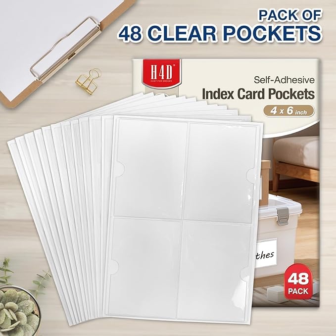 H4D 48 Pack Labels for Storage Bins, 4" x 6" Plastic Clear Adhesive Index Card Holders, Tote Label Pockets for Organizing Storage, Library Card, Shelves - Image 2