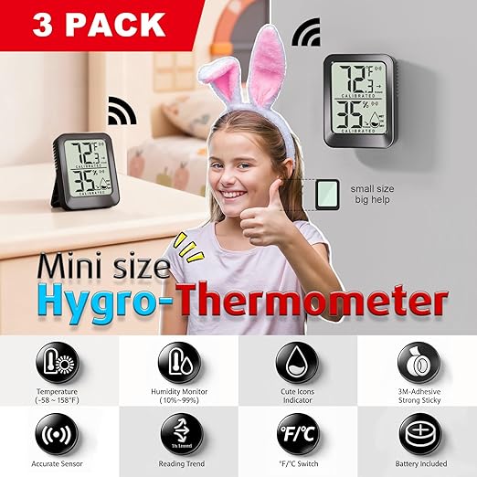 3 Pack Room Thermometer Indoor Hygrometer for Home, Digital Sensor Mini Humidity Gauge Meter, Temperature Humidity Monitor for Bedroom, Pet, Plant - Battery Included - Image 2