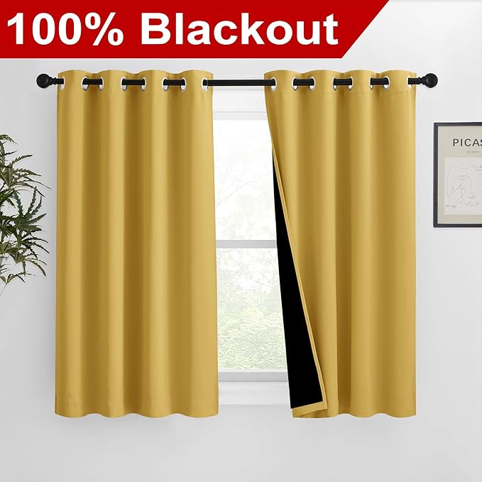 NICETOWN 100% Blackout Curtains with Black Liners, Solid Thermal Insulated Full Blackout 2-Layer Lined Drapes, Energy Efficiency Window Draperies for Bedroom (2 Panels, 46" W by 54" L, Bright Yellow) - Image 2