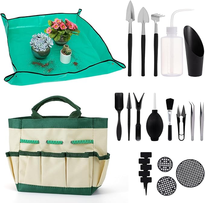 44pcs Small Gardening Tools Gifts for Women Beginners - Garden Hand Tools Set for Indoor Succulent Bonsai Plants Transplanting, Included Bag/Repotting Mat/Shovel/Labels, Green by ANPHSIN