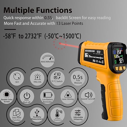 Infrared Thermometer Gun -58°F to 2732°F, IR Temperature Gun with K-Type Probe for Internal Readings, 50:1 High Temp Laser Thermometers Tool for Kilns, Furnaces, HVAC, BBQ Home & Industrial Use - Image 3