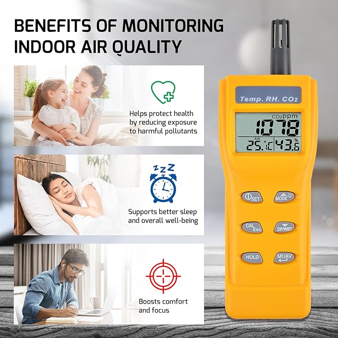 CO2 Meter Portable CO2 Detector Digital CO2 Monitor with Alarm Function Carbon Dioxide Temperature and Humidity Meter, NDIR CO2 Sensor Indoor Air Quality Monitor for Home Office Grow Room - Image 2